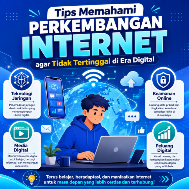Panduan memahami perkembangan internet, mulai dari teknologi jaringan, media digital, keamanan online, hingga peluang baru di dunia digital.